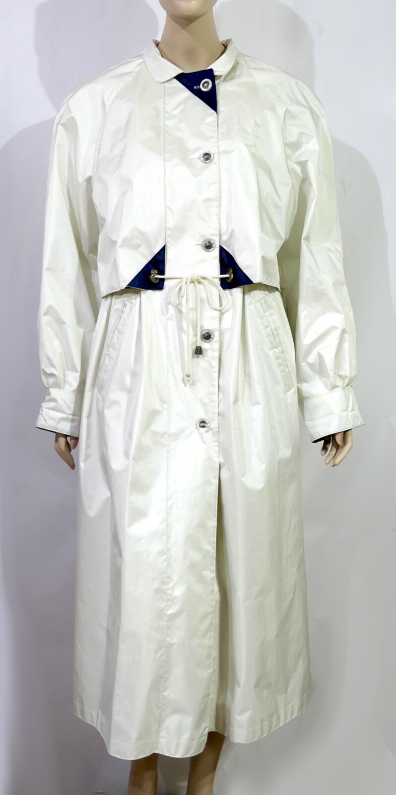 Vintage Pearl White Nautical Navy Toggle Draw String Trench Rain Coat L