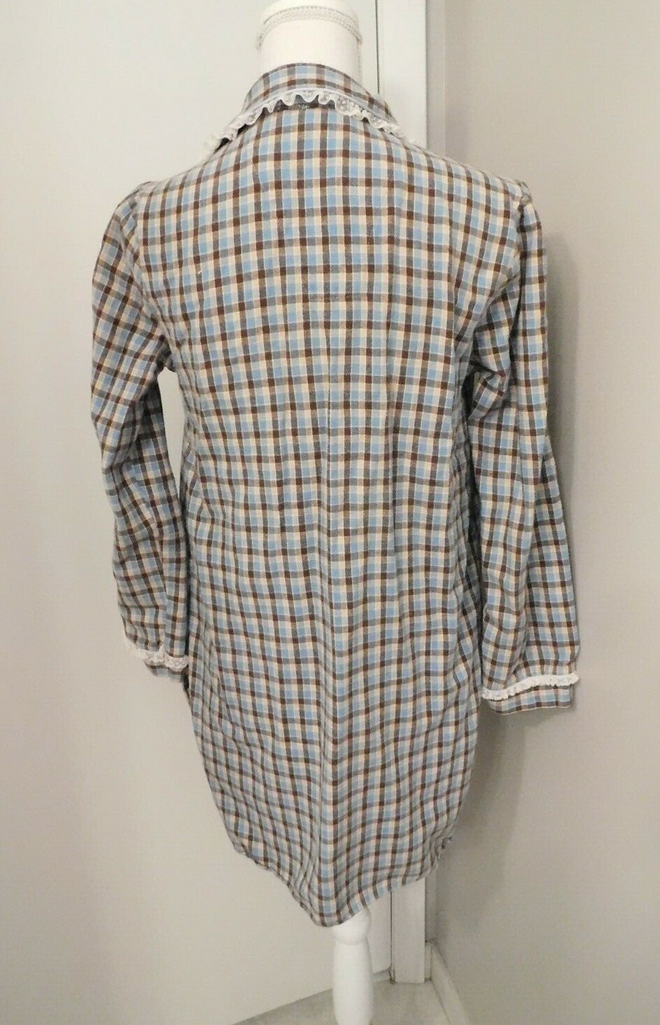 Vintage Size Small Blue Beige Brown Checkered Brandywine Short Flannel Nightgown