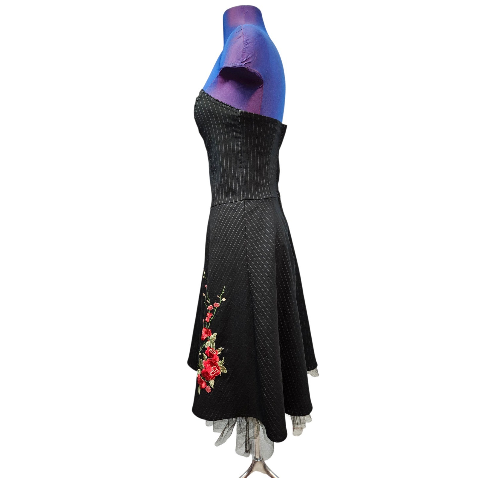 Vintage La Belle Pinstripe Strapless Midi Dress Floral Embroidery Black Red USA