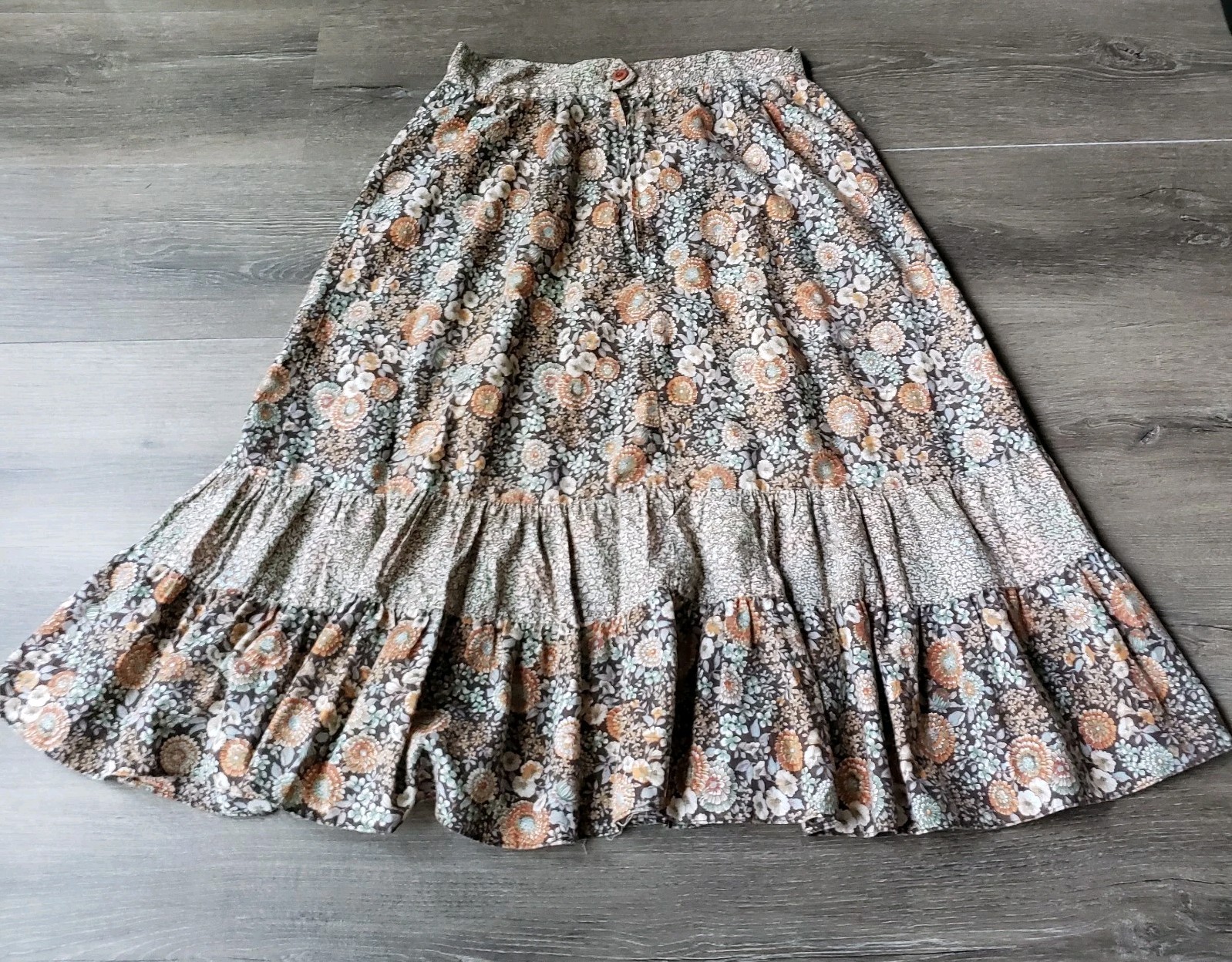 VTG 70s Brown Floral Hippie Skirt Sz S/M? Earth Tones Festival Prairie 26″W