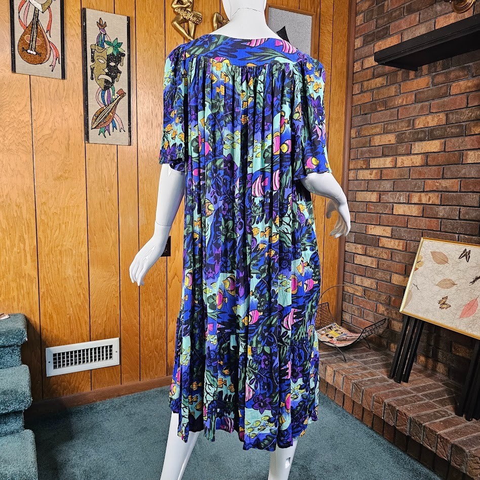 Vtg Mrs. Roper Lounge Caftan Volup Muumuu Tropical Fish Patio Pool Dress L/XL
