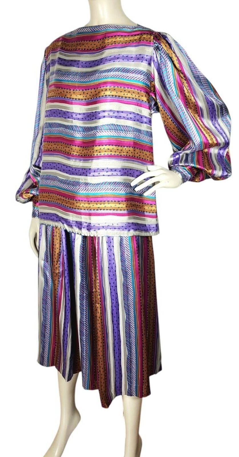 VTG 70s Evan Picone Silky Satin Mixed Media Puff Balloon Sleeve Blouse Skirt Set