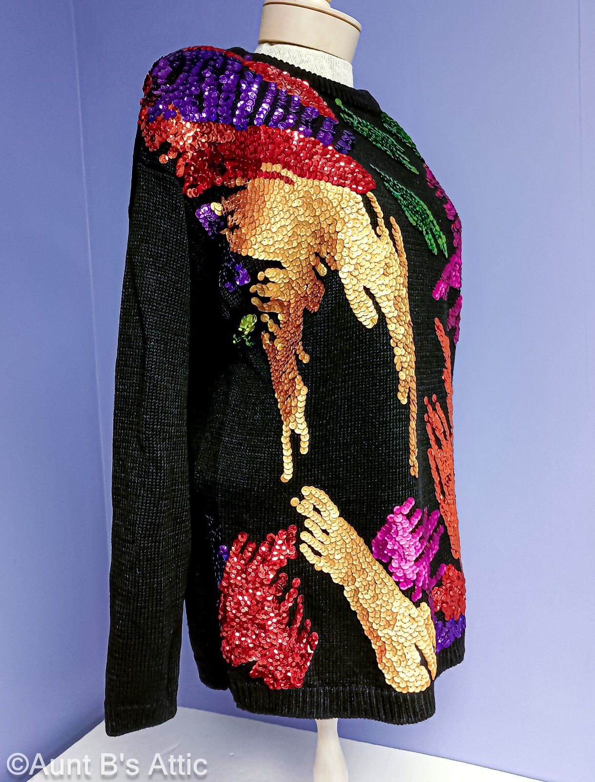 Vtg 80’s Eminent Blk Cotton Pullover Sweater W/Colorful Abstract Sequin Design L