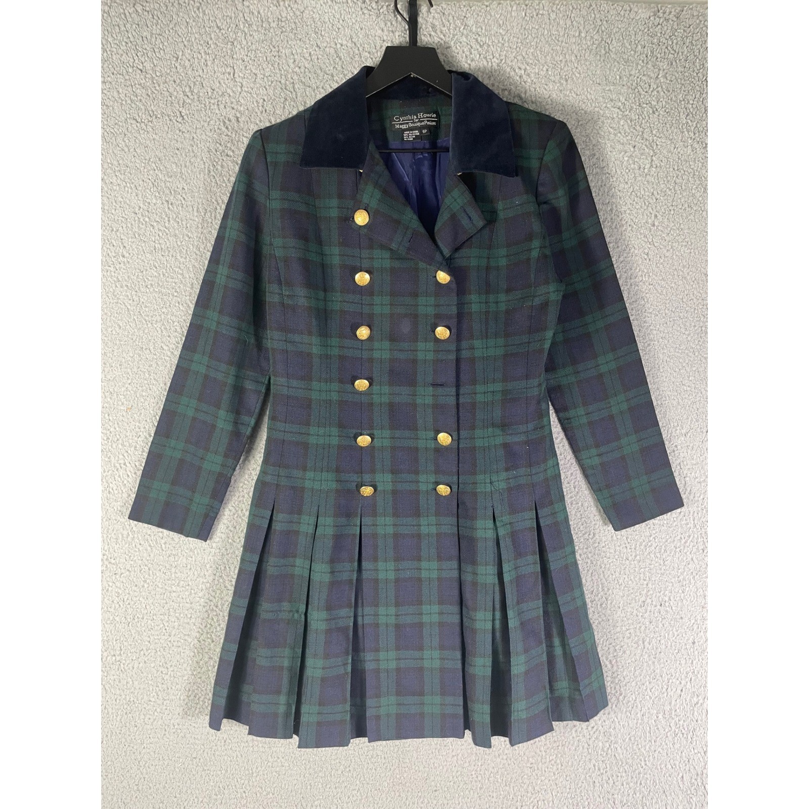 Cynthia Howie Maggy Boutique Petites Black Watch Plaid Velvet Collar Dress 6P