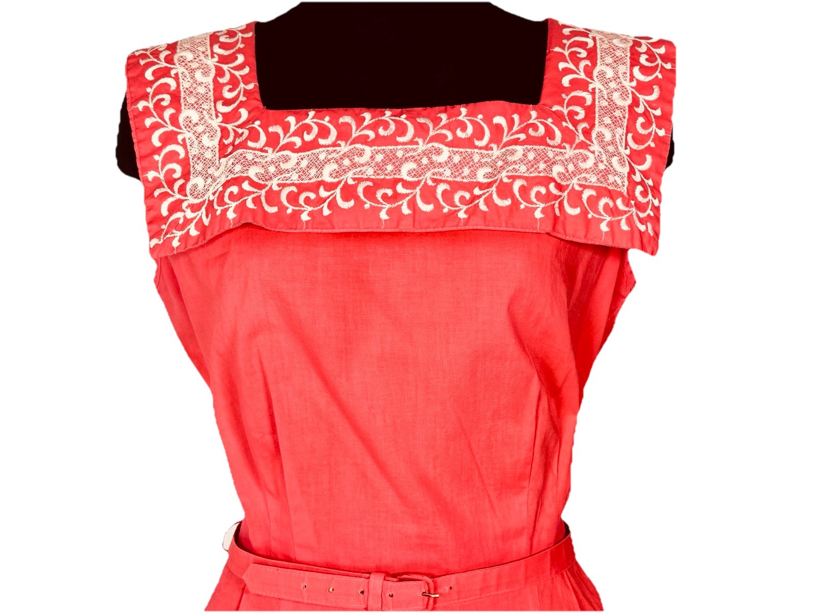 Vintage 50s Coral Fit & Flare Day Dress Embroidered Square Collar Pat Perkins