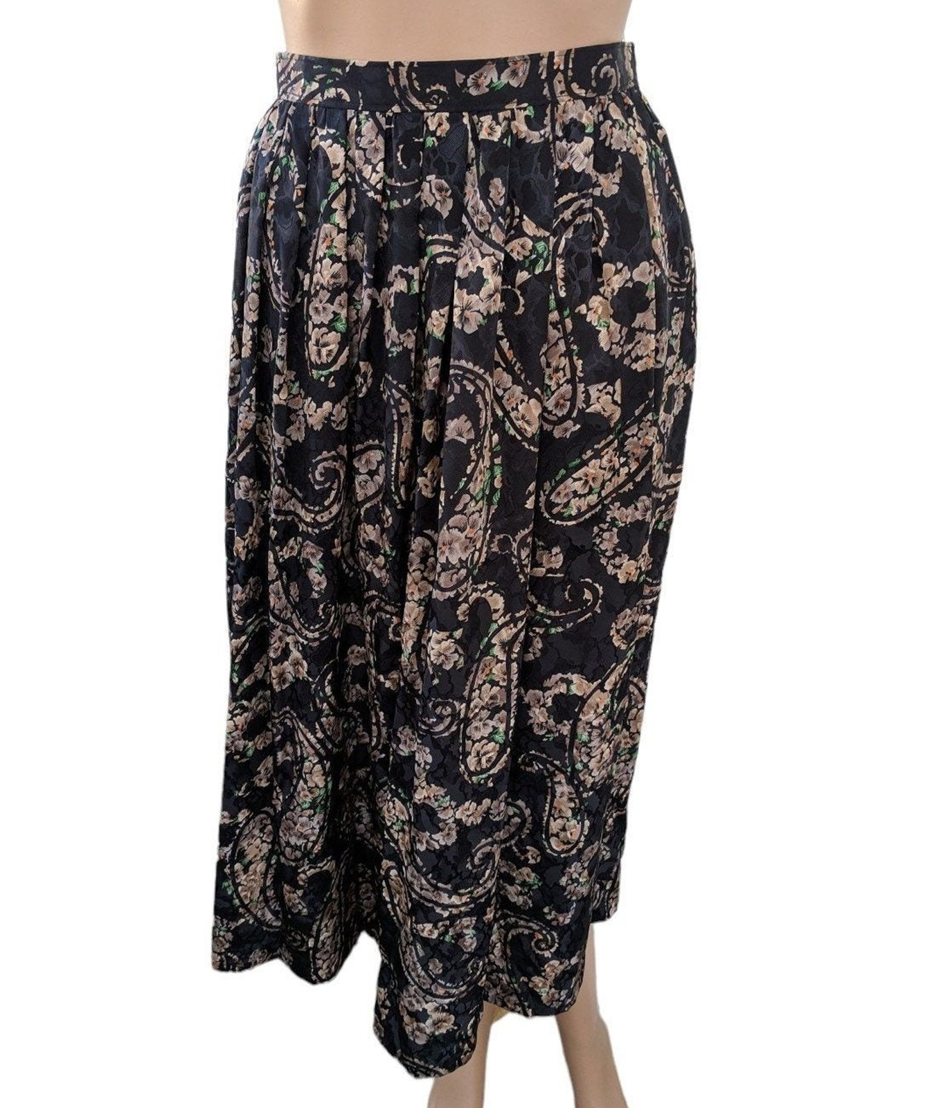 Vintage 80s Brownstone Studio Black Paisley Skirt with Beige Floral Blouse S