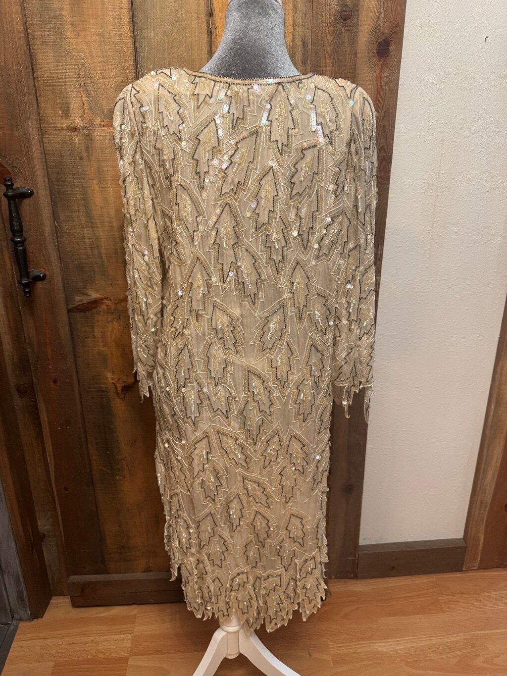 Vintage Champagne Gold Sequin Beaded Midi Dress Long Sleeve Tassel Belt Gala