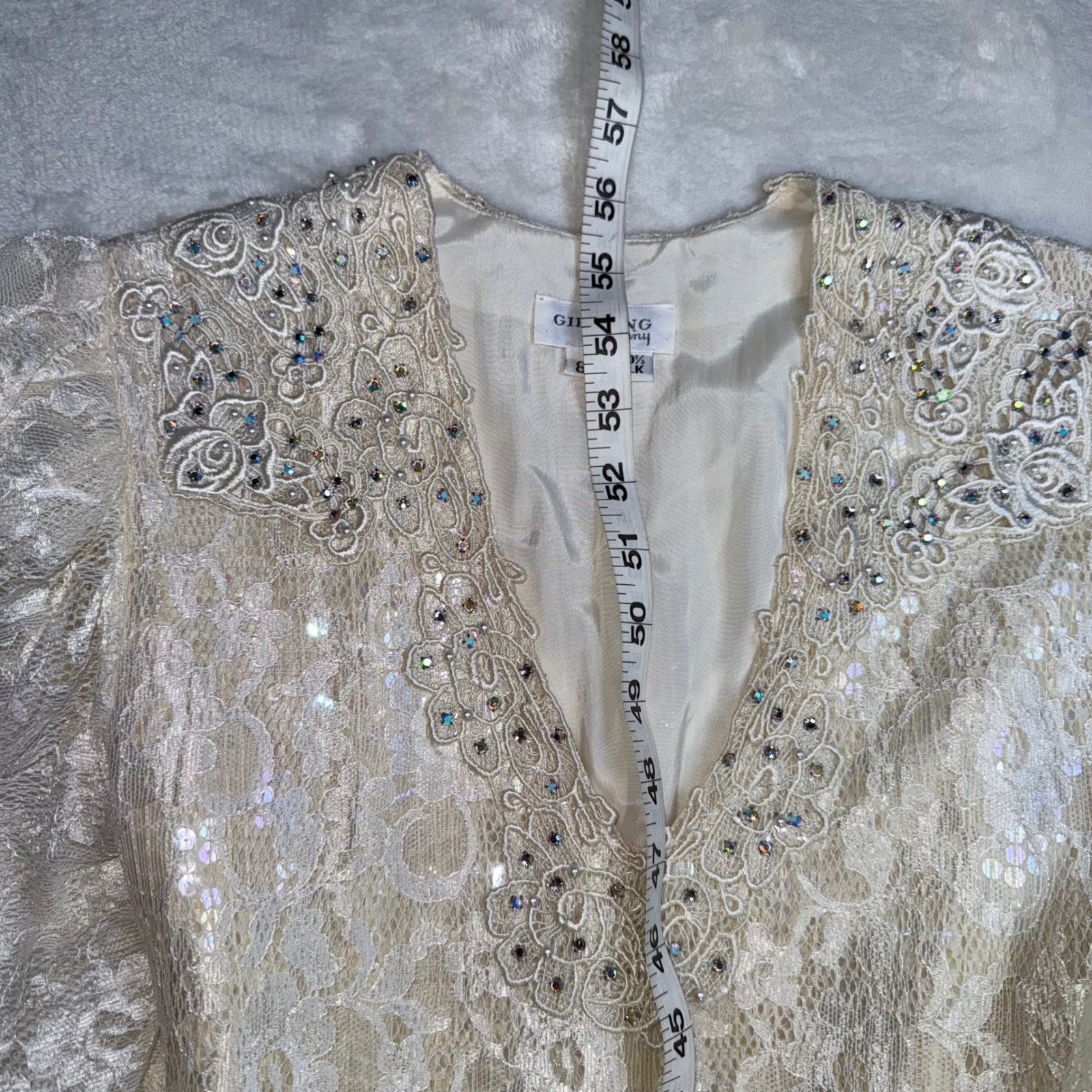 Gidding Jenny Long Sleeve Dress 8 100% Silk Lace Gown Beaded V-Neck 20th Century
