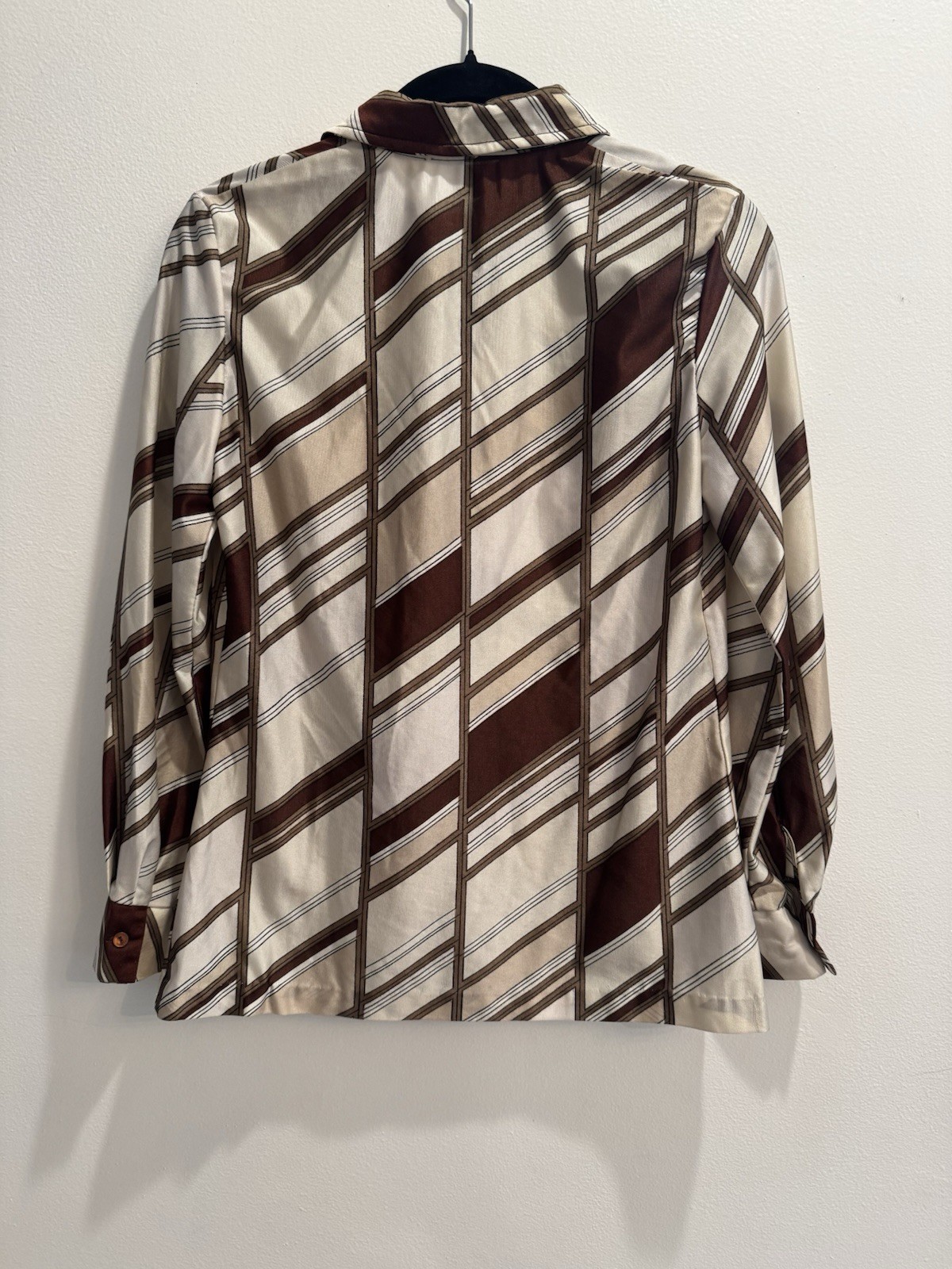 VTG 1970s Geometric Print Spearcollar Button Front Blouse In Cream + Brown MCM