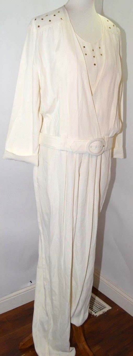 VTG Studio I New York White Jumper Pant Suit Belt Gold Studded SZ 20 T USA Made