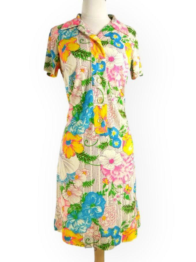 Vintage 60s Neon Floral Nylon Shift Dress by L’Aiglon – sm