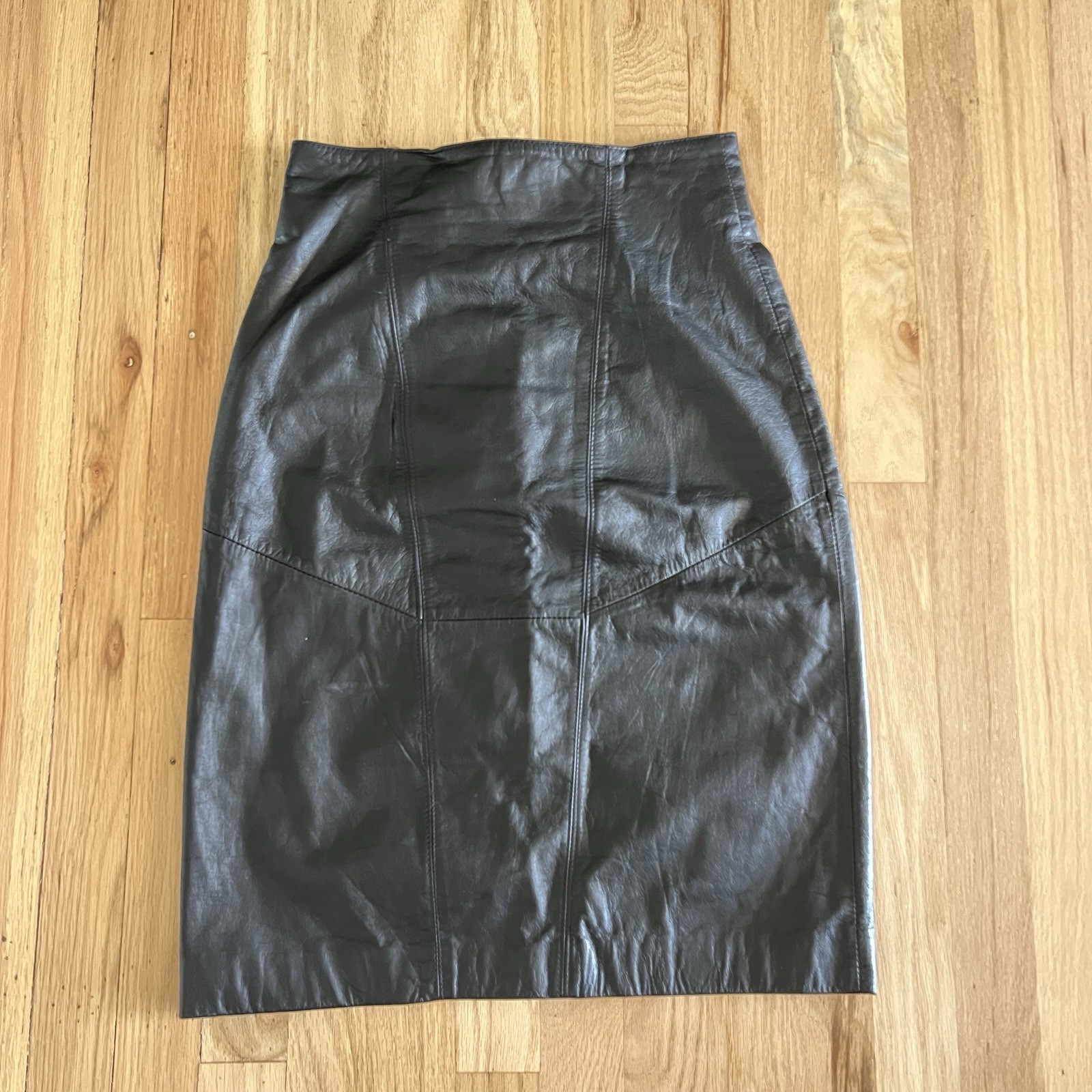 Vintage Pelle Cuir Black Genuine Leather Pencil Skirt High Waist Size 10 Midi