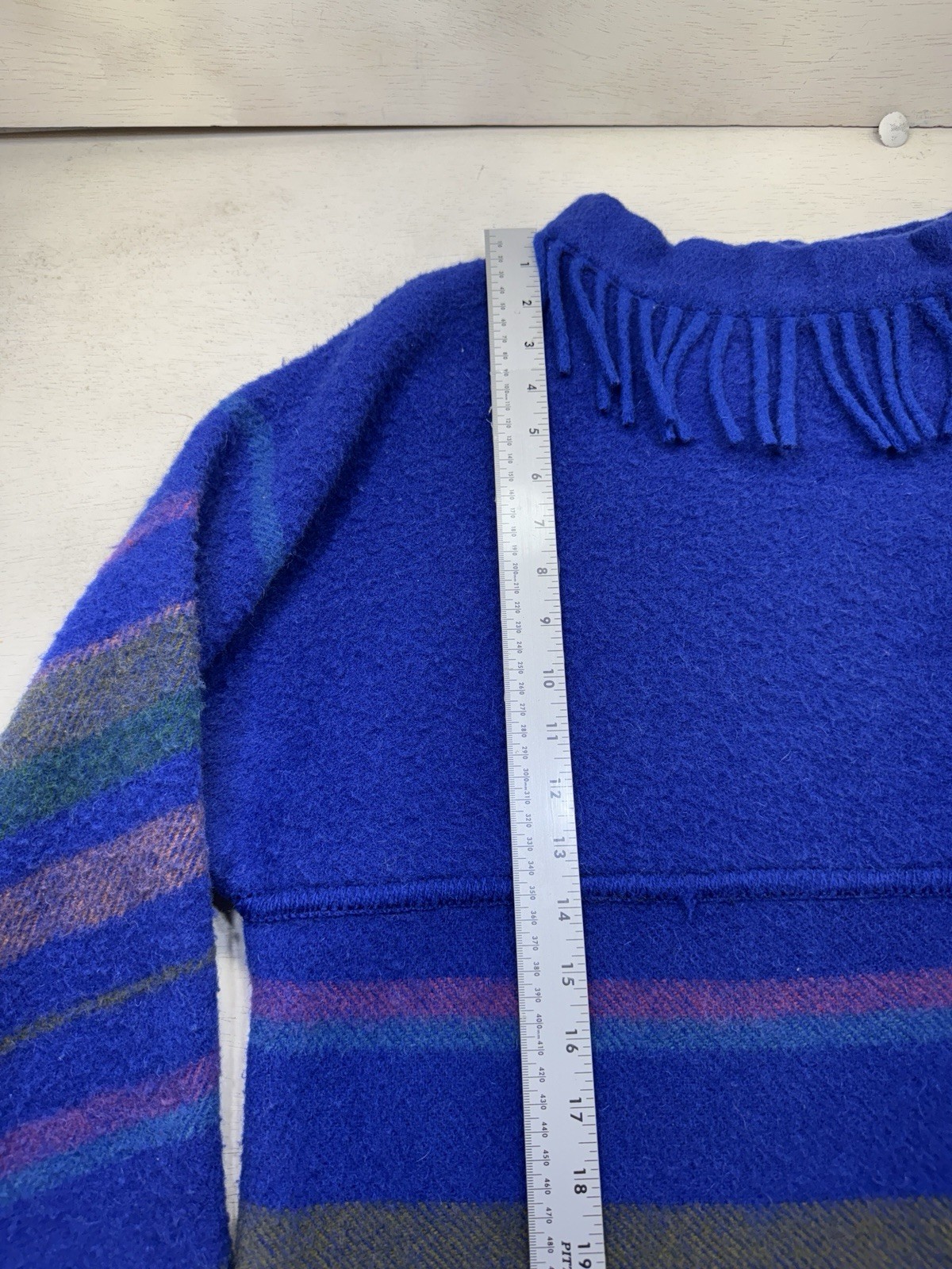 Vintage Lapp Lander Fringed Blanket Sweater Blue 100% Wool Norway 40