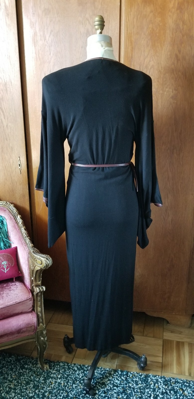Japanese style Kimono dress Vintage black Cotton lycra Jersey dress/robe size 8