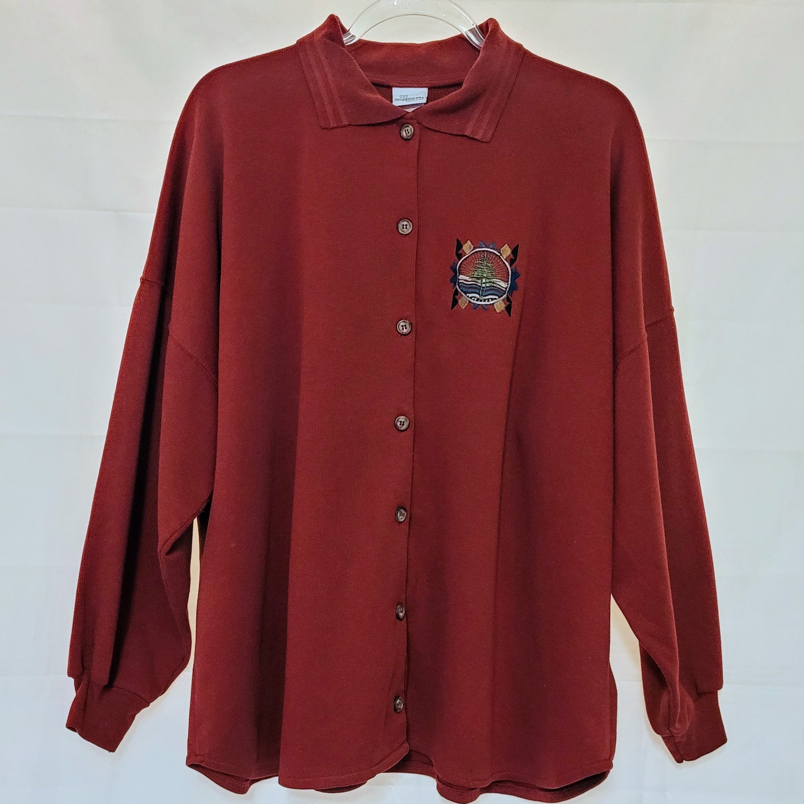 VTG Sloppy Joes Wmn’s 3X Rust Red Loose Fit Button Up Knit Top Aztec Embroidered
