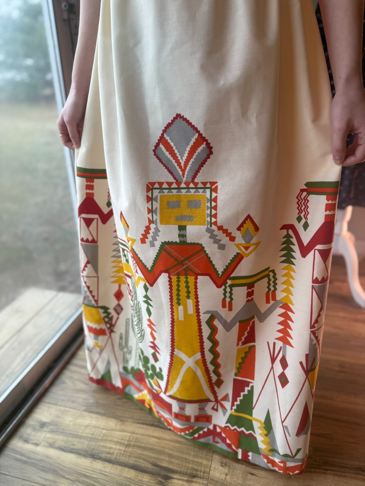 Vtg 1960s 70s Maxi DRESS Kachina Doll CACTUS Print Native FOLK ART Skirt XS/S
