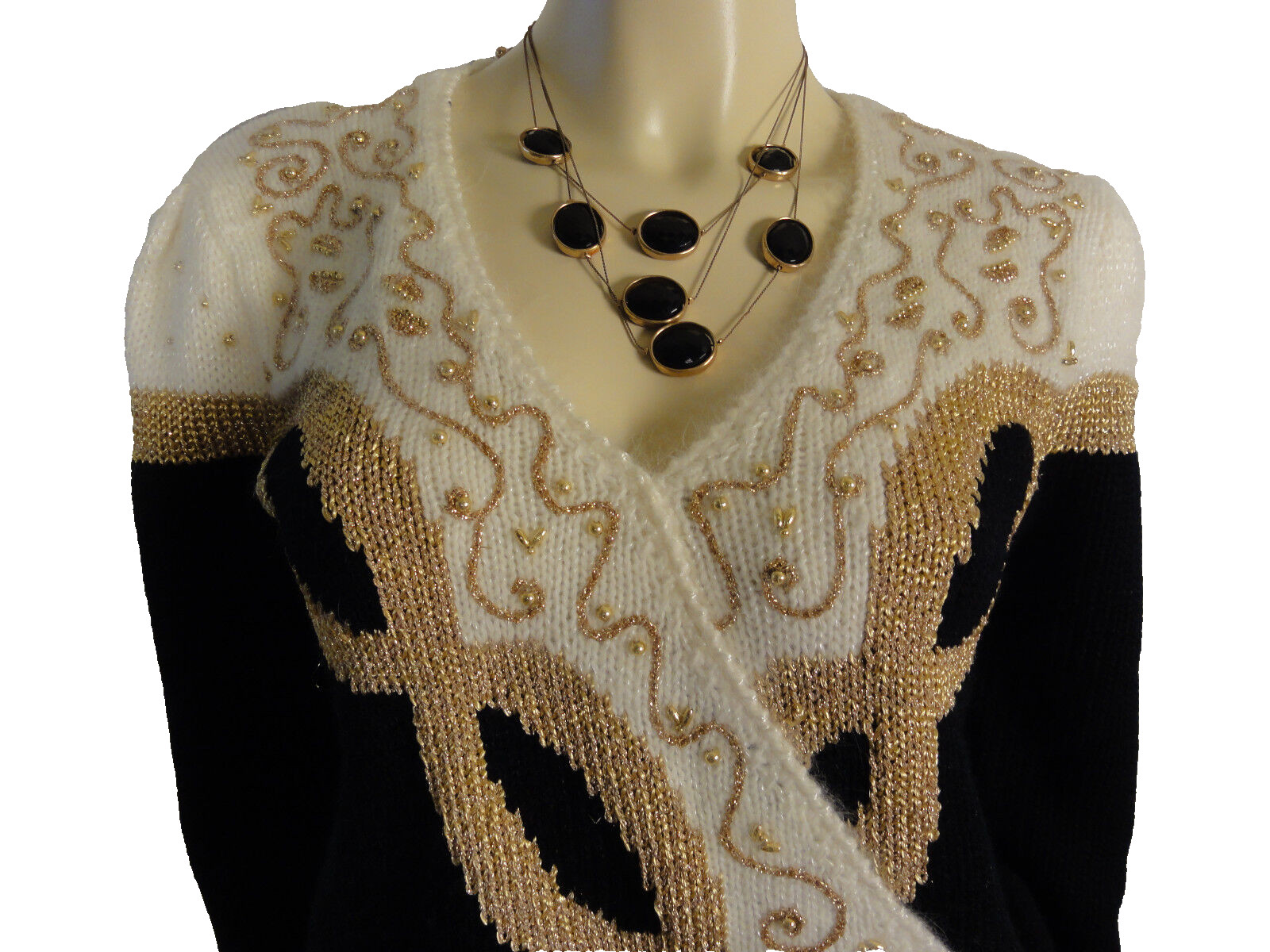 DANA SCOTT Vintage black, gold and white sweater with gold beading size Medium
