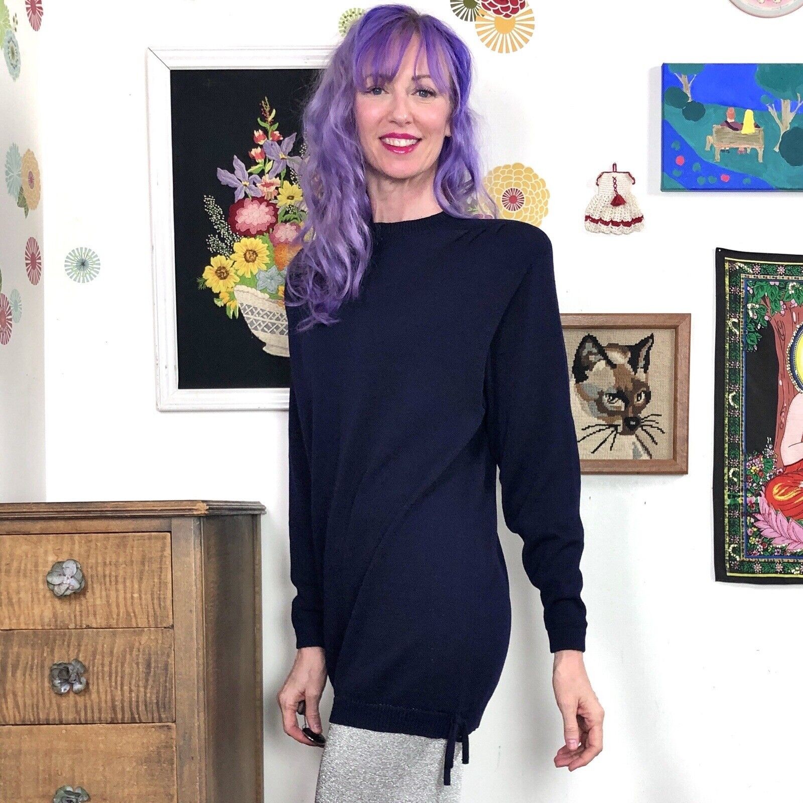Vintage St. John Santana Knit Tunic Top, 1980s Navy Blue Sweater, Sz S