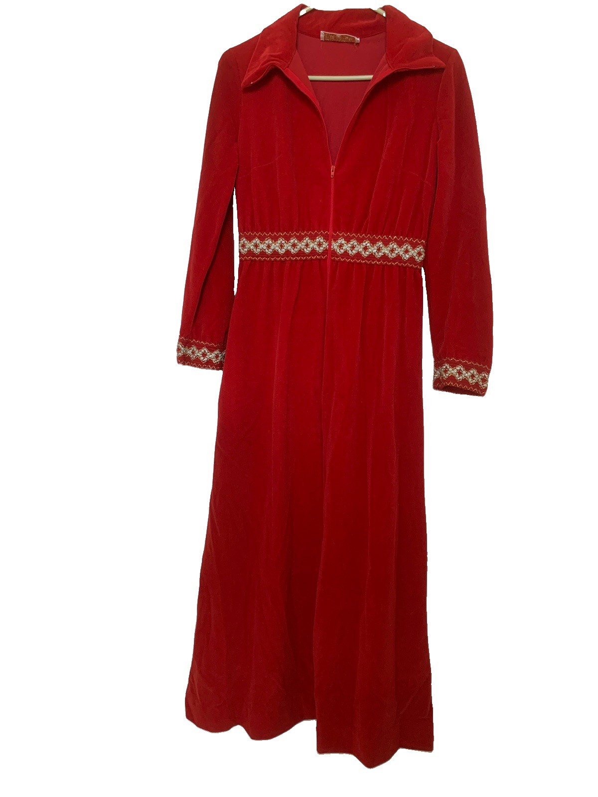 VTG 70s Gossard Red Velvet Maxi Dress Hostess Gown Embroidered Petite S