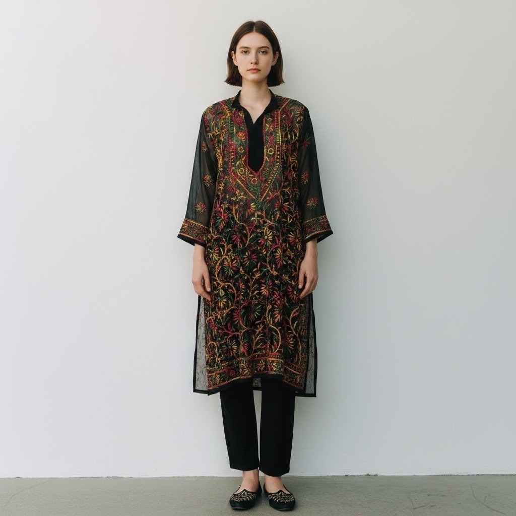 Sheer Black Embroidered Tunic Dress Indian Boho Festival Hippie Gauze M ^