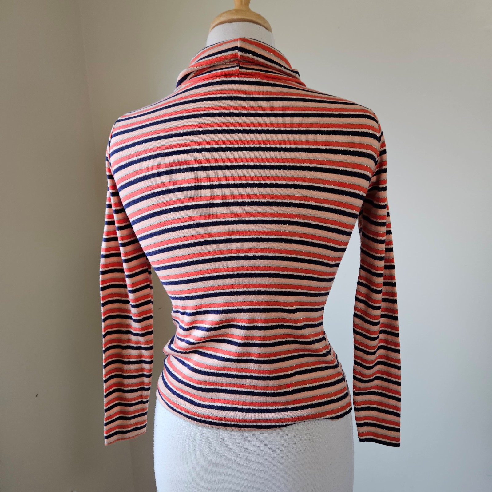 Vintage 70s Designers Originals Orange Navy Metallic Striped Knit Turtleneck Top