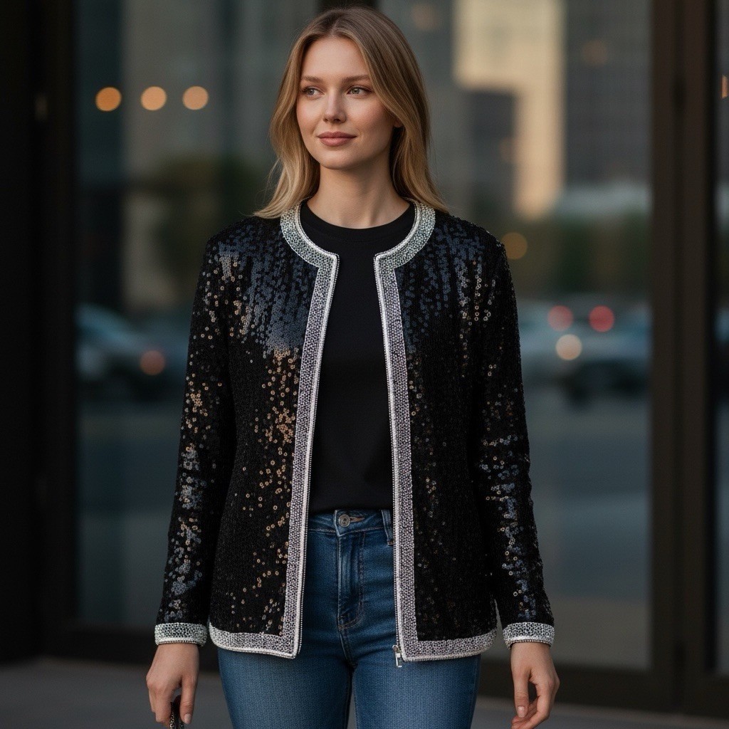 Jewel Queen Vintage Black Sequin Silk Jacket Silver Beaded Trim Medium