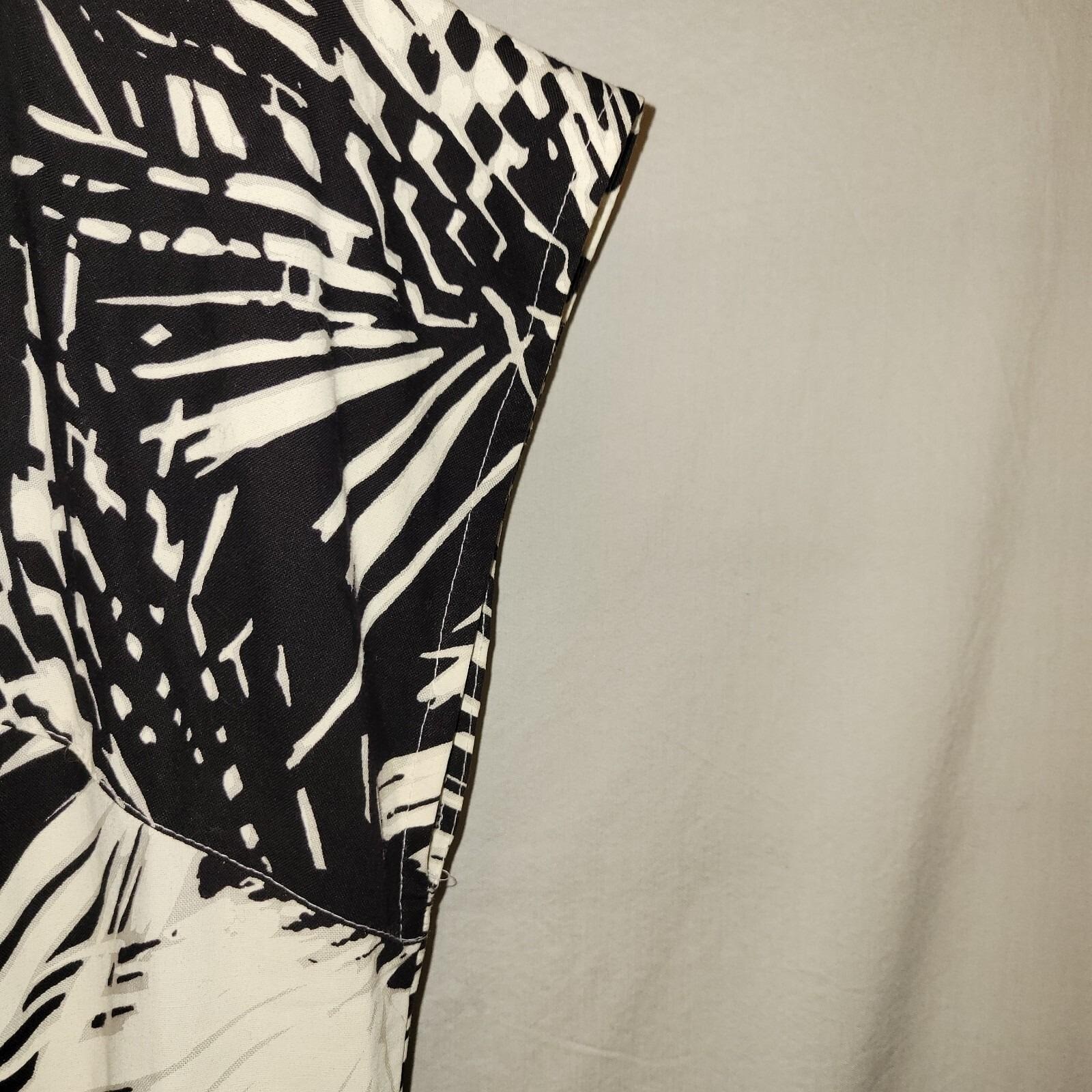 Vintage Tina Barrie Dress Womens 16 Black White Palm Leaf Belted Cotton