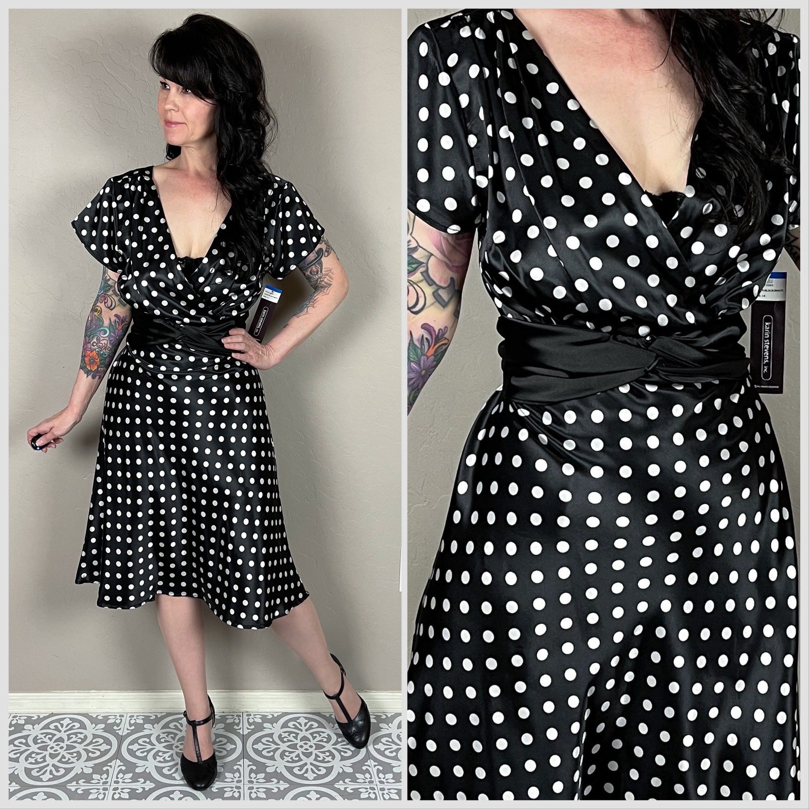 Vintage Y2K Black & White Polka Dot Tie Back Satin Dress – 32″ Waist