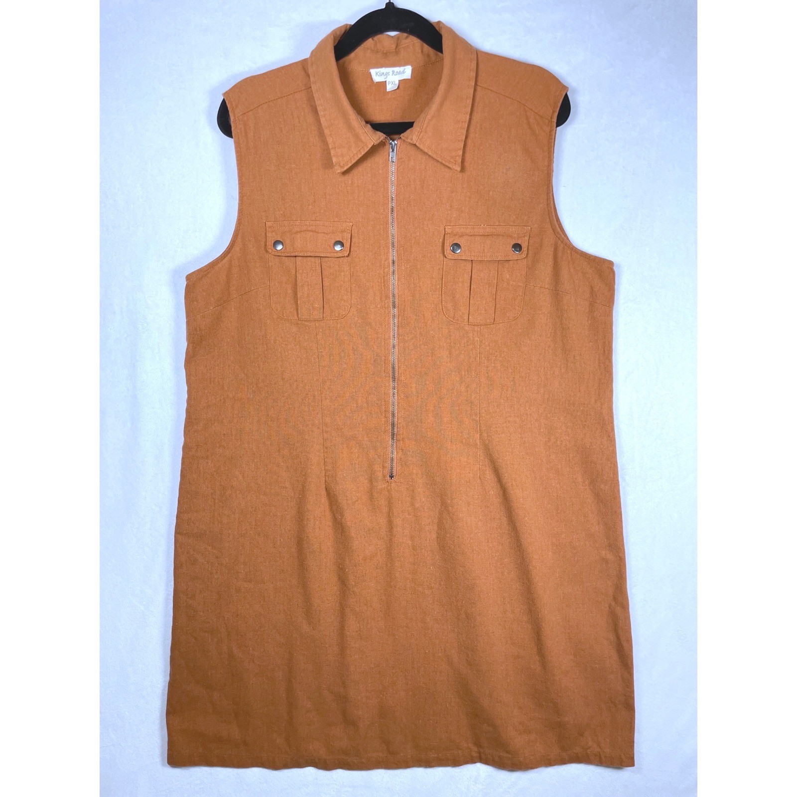 Y2K linen shirt dress sleeveless zipper collar mini XLP 90s rust brown western