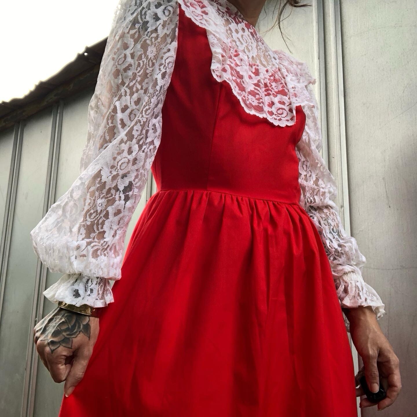 VTG 60s Red Cotton Prairie Maxi Dress White Lace Small 4/6