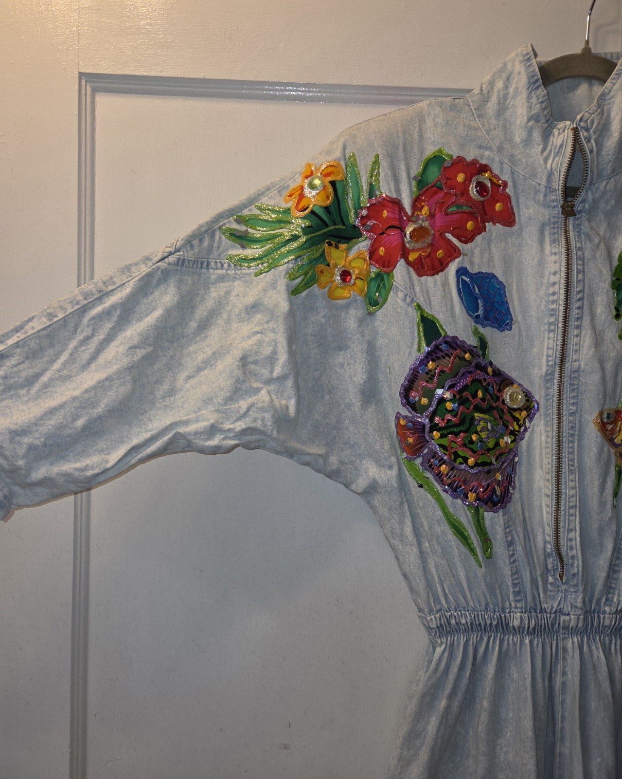 Vintage 80’s OOAK Handpainted Janika Designs Denim Jumpsuit. Fish. Art To Wear M