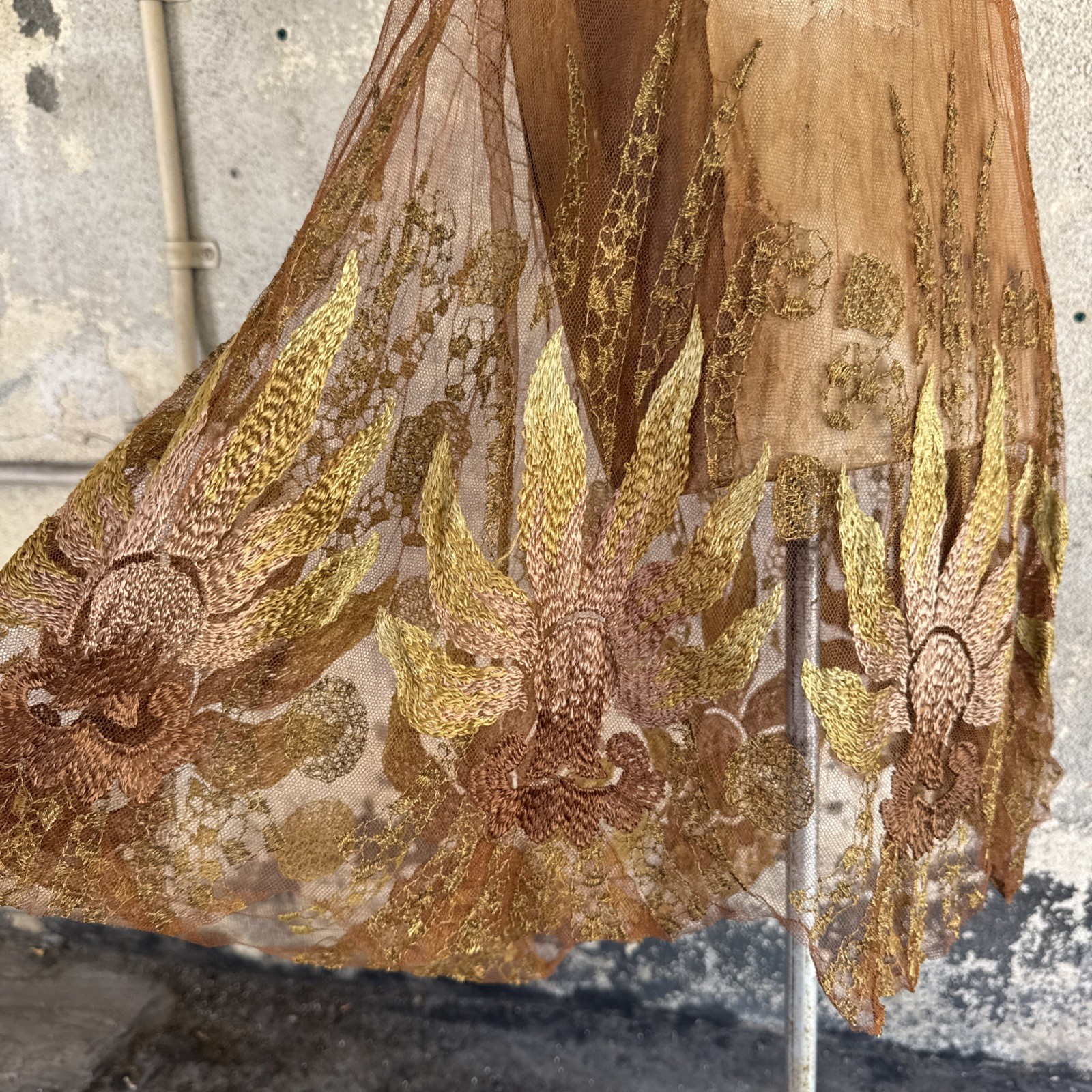 Antique 1920s Copper Net Skirt Silk & Metallic Embroidery Dress Vintage