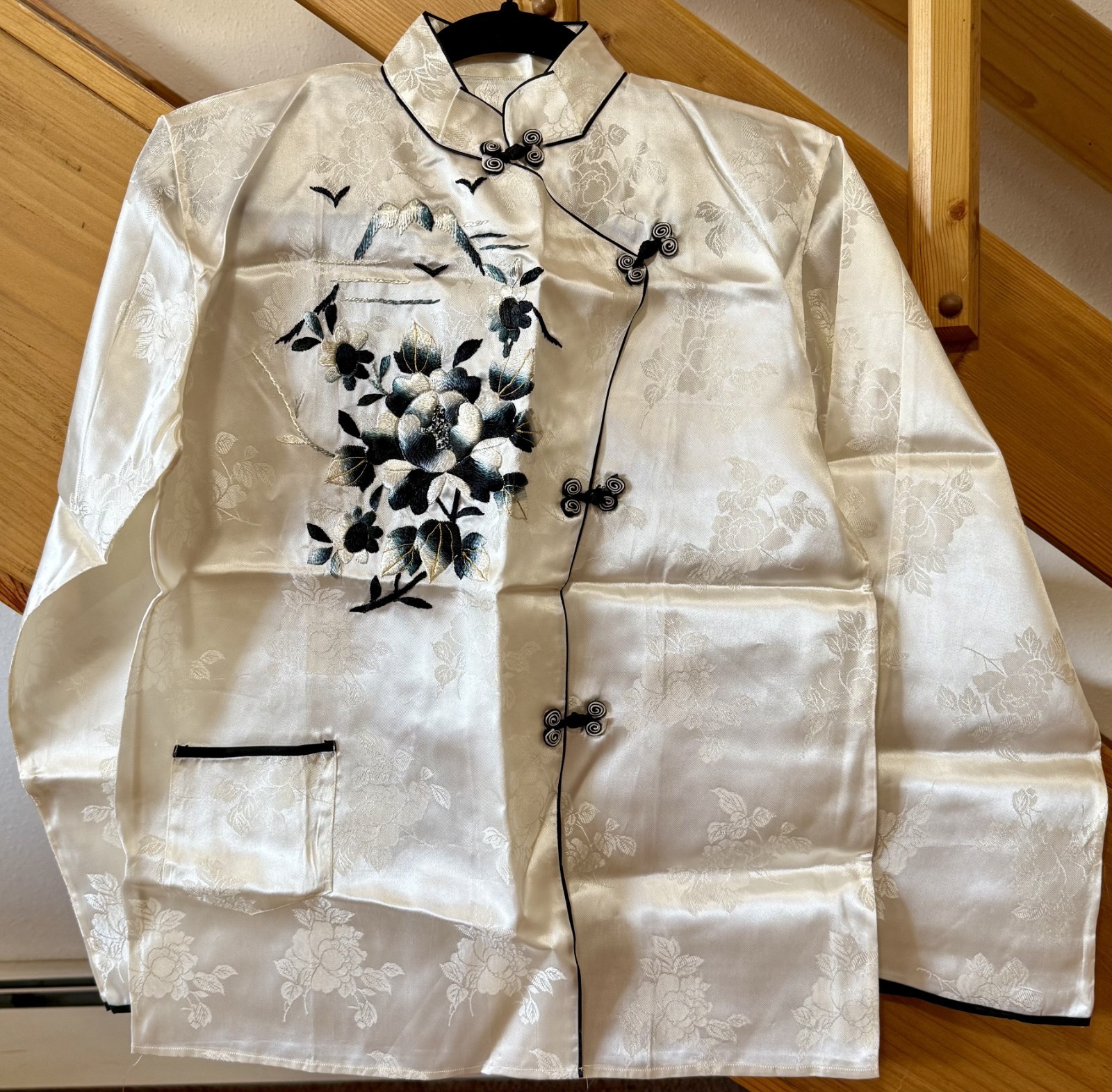 Vintage 2-Piece White Satin Tang Suit Set-Embroidered Peony Jacket & Pants