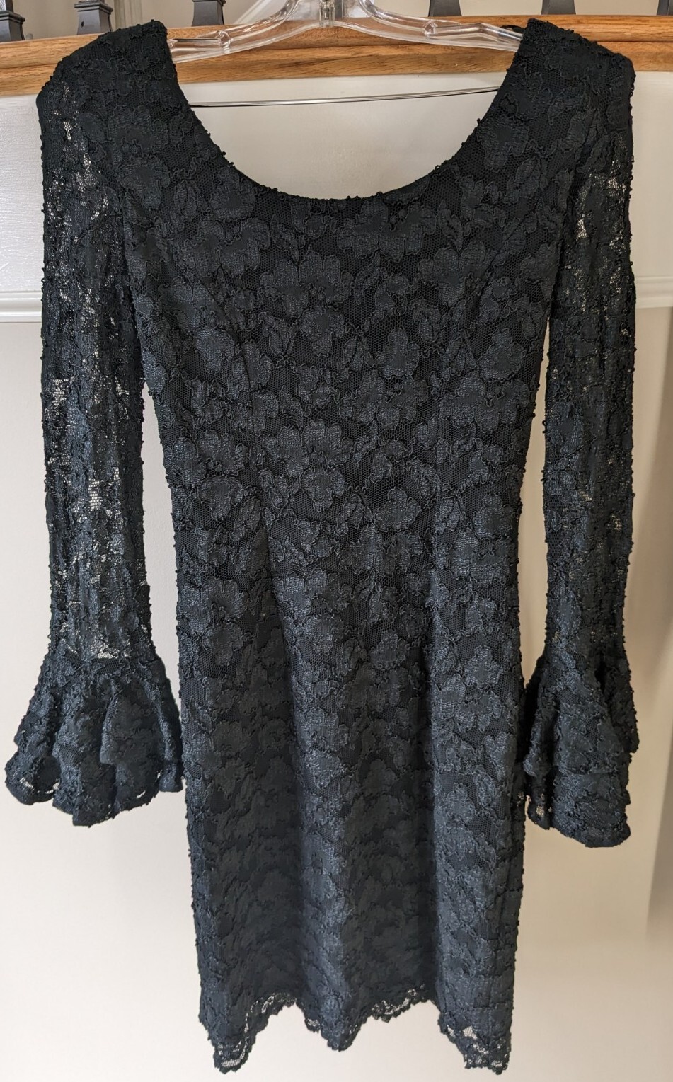 Vintage 80s Lew Magram Collection Black Lace Bell Cuff Dress Sz 4 Bodycon
