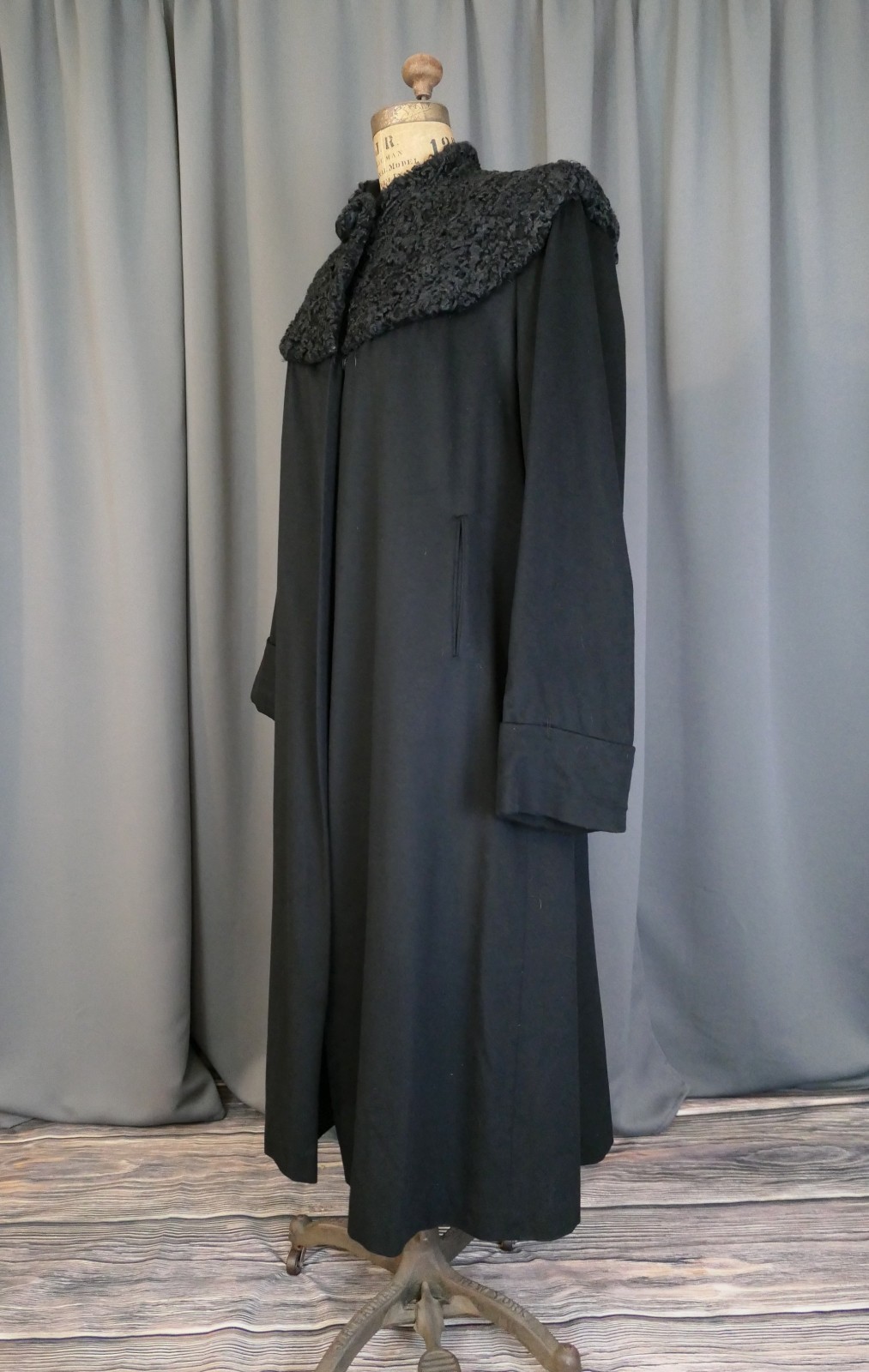 Vintage 1940s Black Wool Coat Winter with Persian Lamb Fur Collar, 40 inch bust