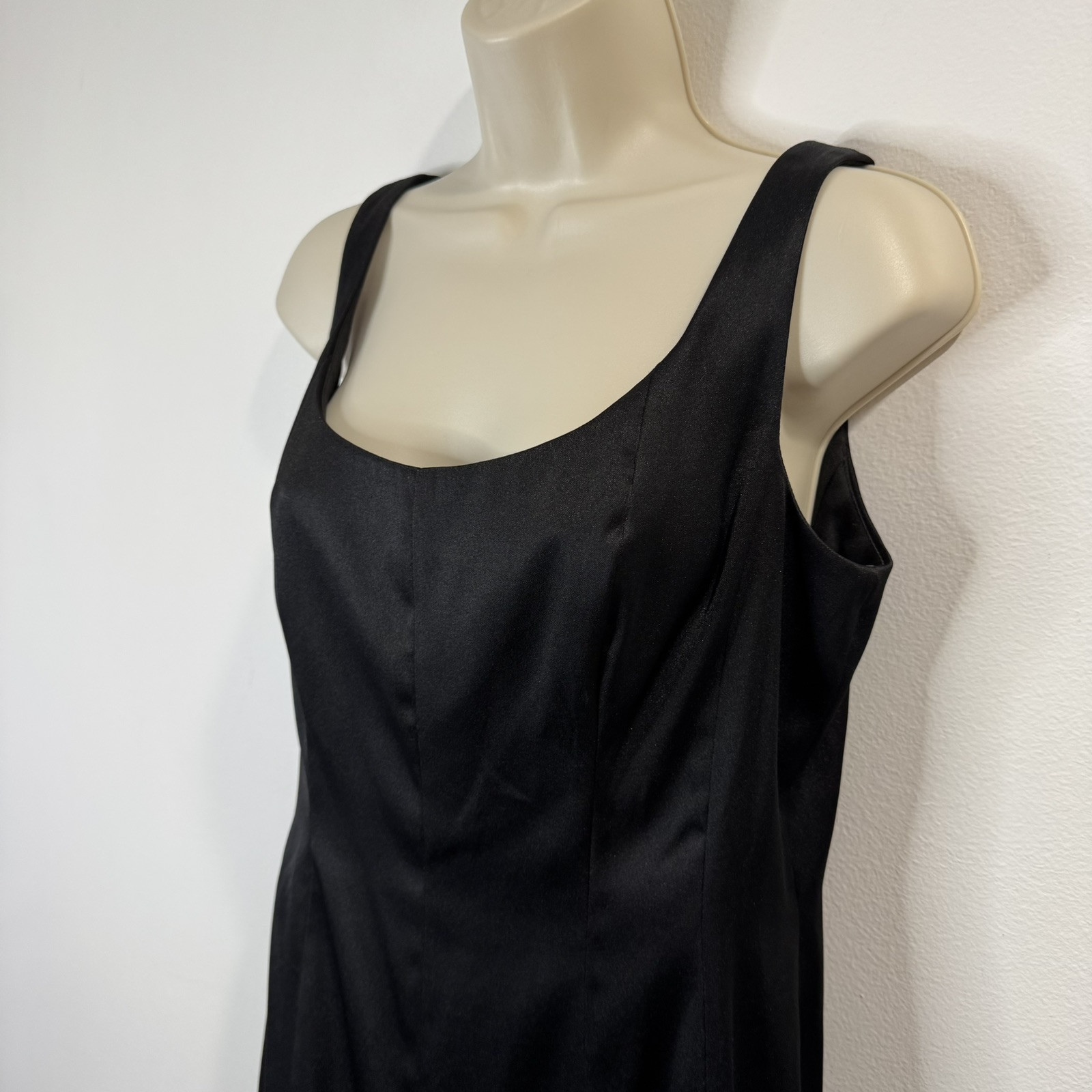 Vintage 90s Y2K Jones Wear Dress 8 Black Satin Swing Beaded Square Neck Cocktail