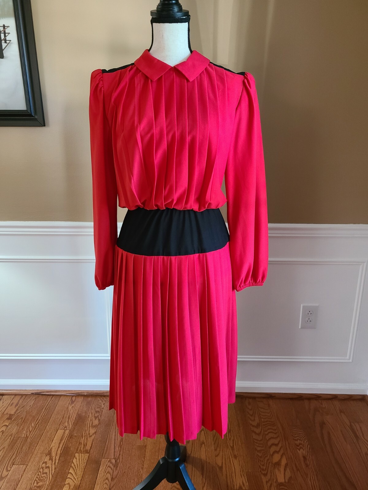 Vtg 80s Cathy Sue Dress Size 10 Red Black Secretary Pleated Polyester Rockabilly