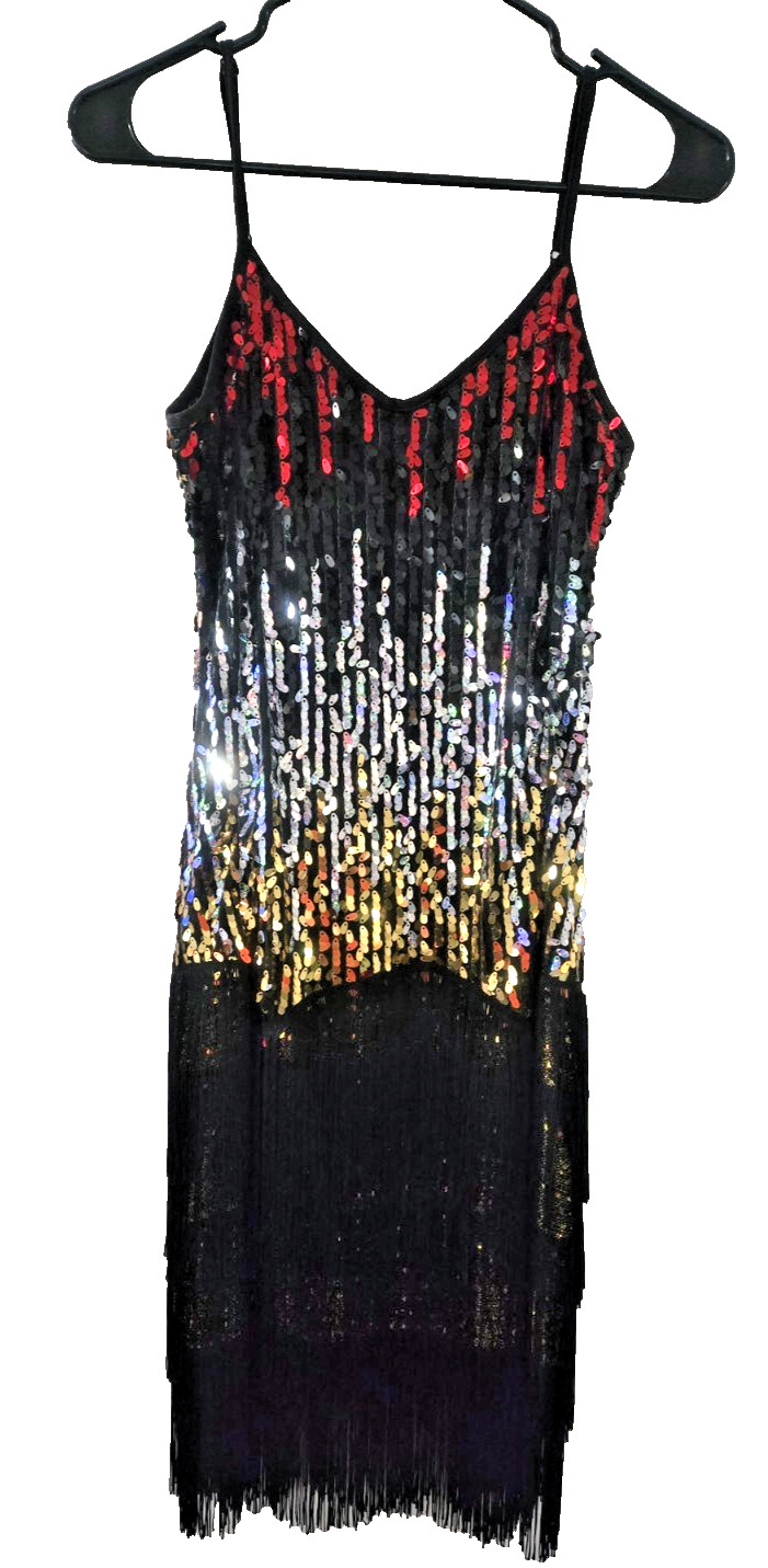 Flapper Gradient Sequin Fringe Party Dress w/Adjustable Straps Size Small