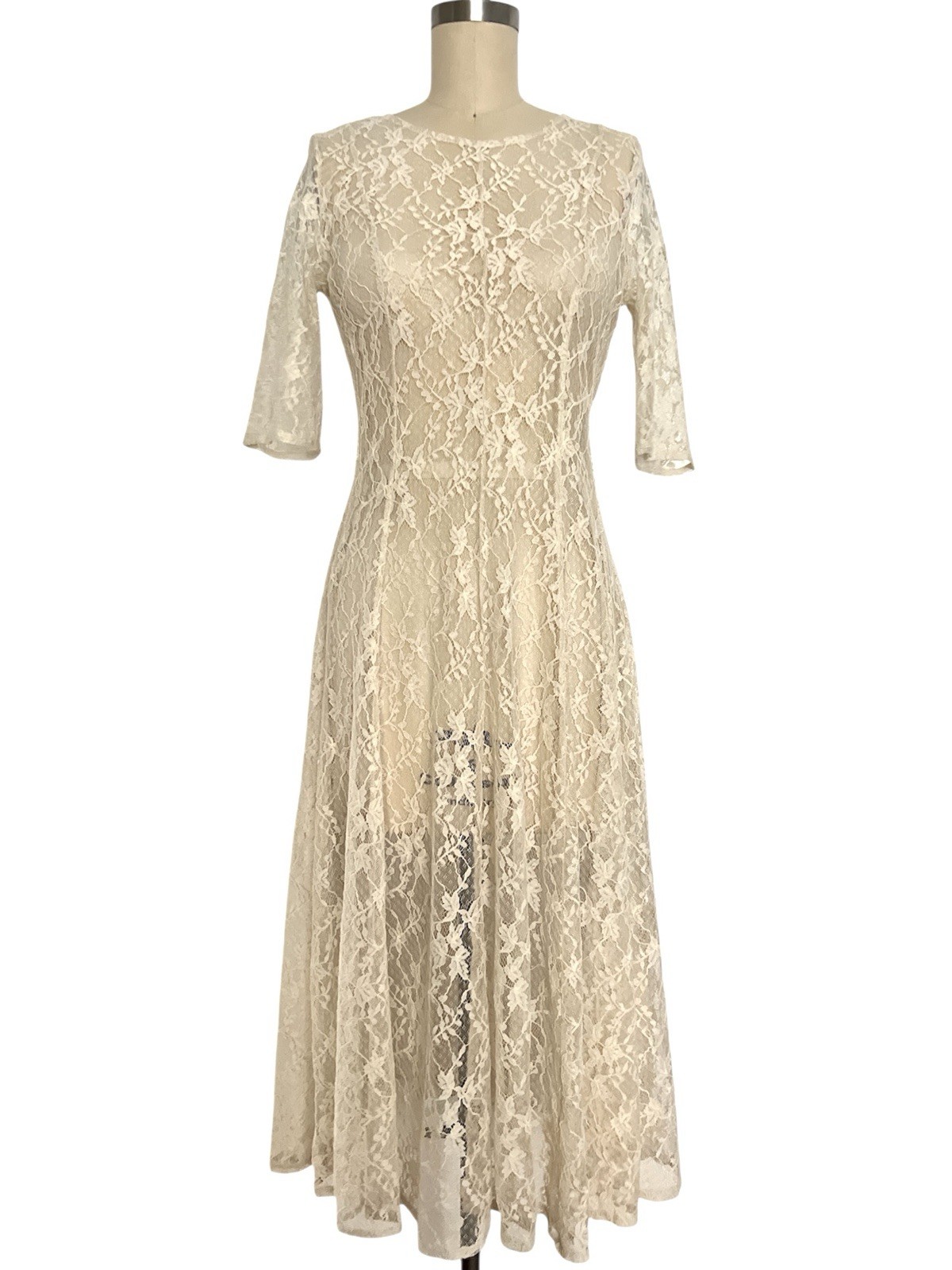 VTG 90s Y2K S M Lace Dress Boho Festival Cottage Core Lolita Flare Skirt Sheer