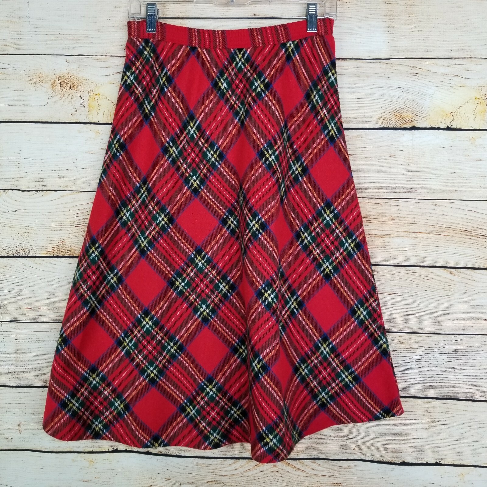 Vtg Eccobay Pleated Red Wool Blend Pull On Skirt S M Plaid Modest School Girl