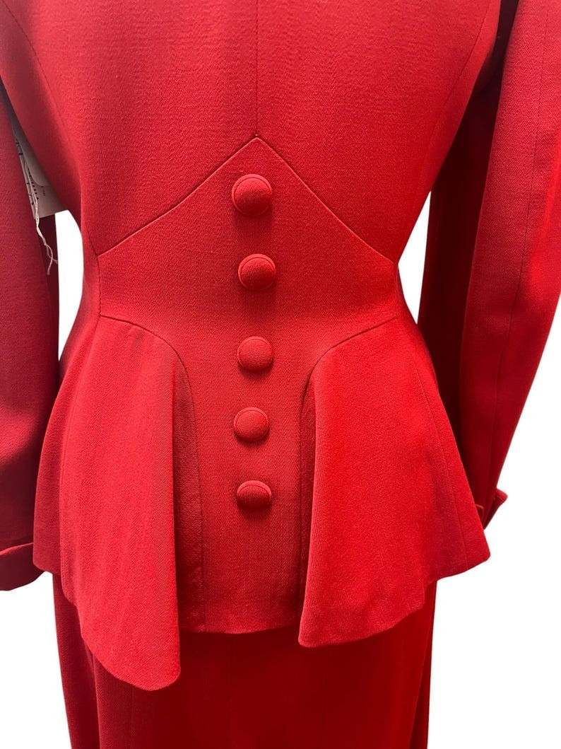1940’s 1950’s Vintage Red Wool Gabardine Suit Lilli Ann Style Amazing Peplum
