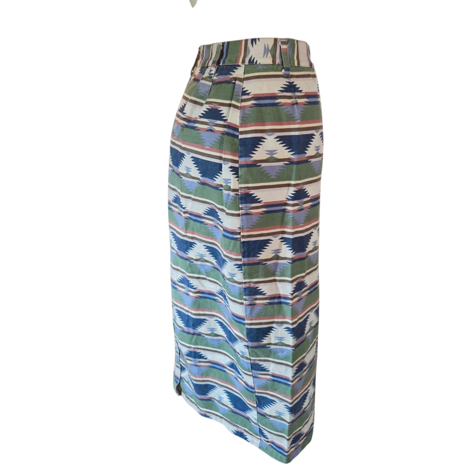 Vintage 90s Venice Blues Denim Southwestern Maxi Skirt Size 10 27″ High Waist