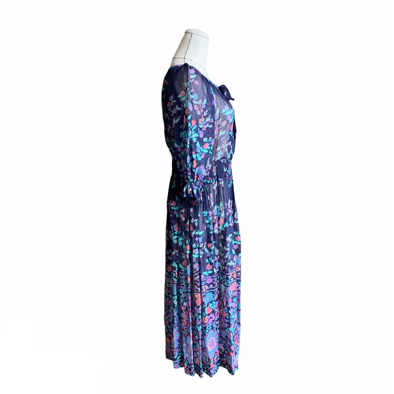 Vintage 70s Ted Lapidus Boutique Floral Day Dress Puff Sleeve Peasant Boho Sm
