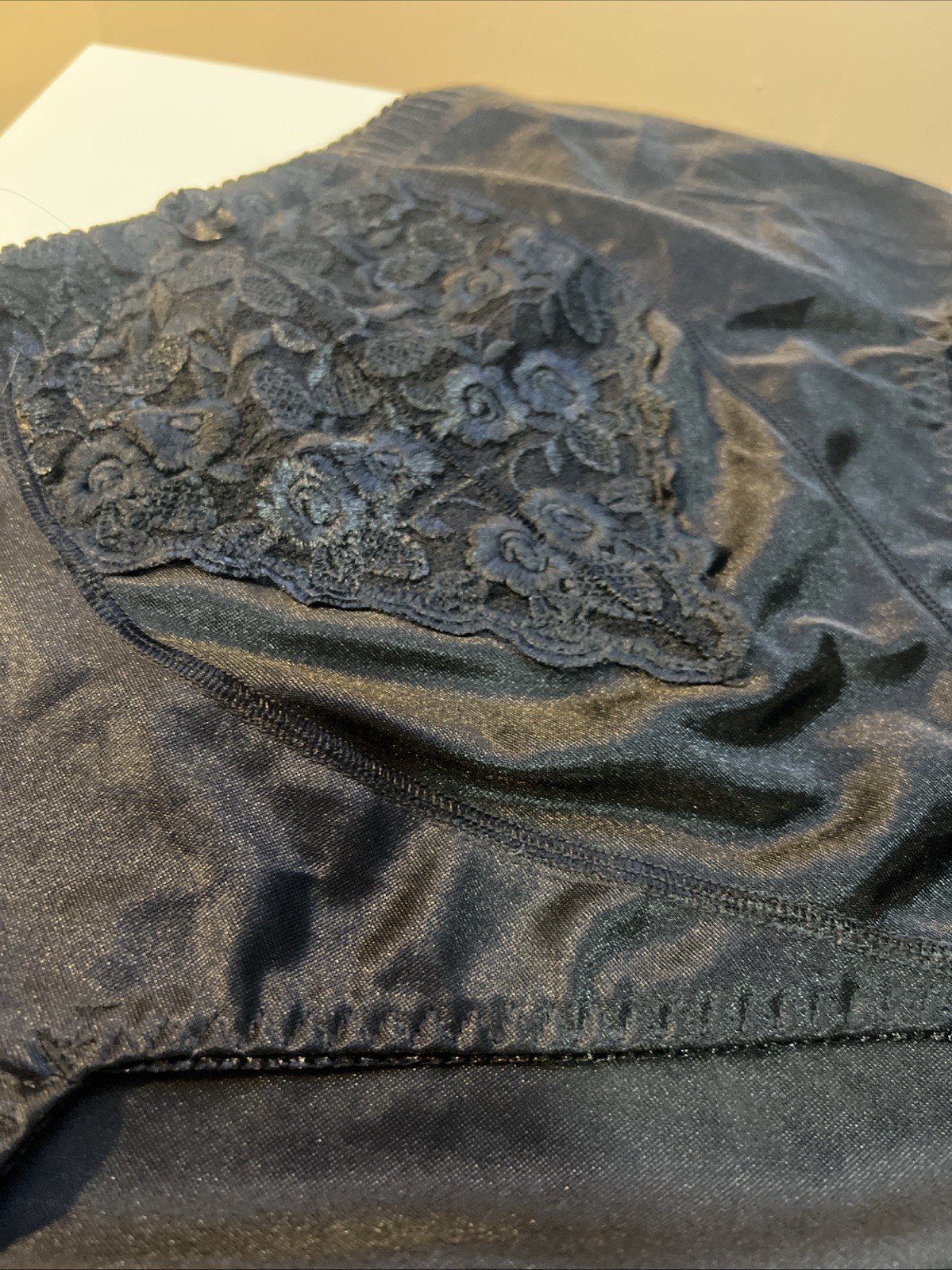 Vtg Delta Burke Panties Black Shiny Satin Lace Brief Second Skin Sz 10 3XL