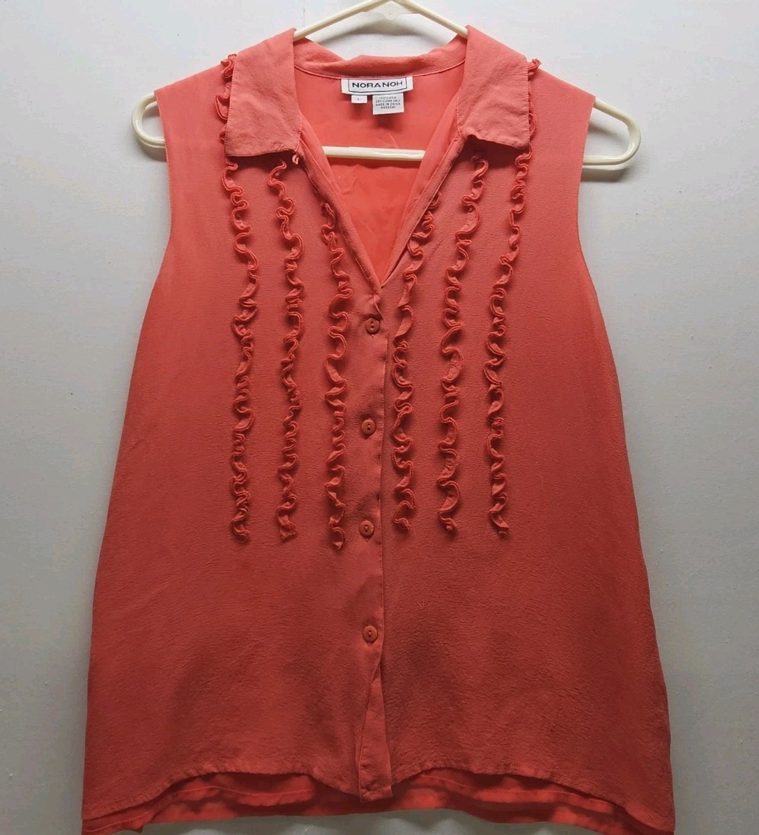 VTG 90s Nora Noh 100% Silk Ruffled Blouse Large Coral Coquette Office Regency