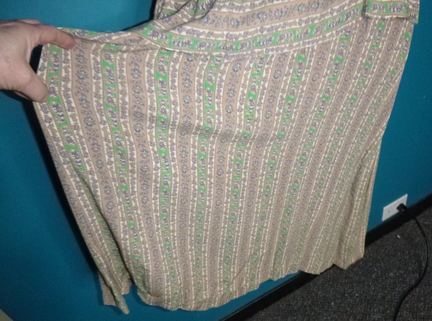 Vtg 40s 50s Rayon Dress Green Tan Blue Floral Stripes W/ Peplum VOLUP Sz XL