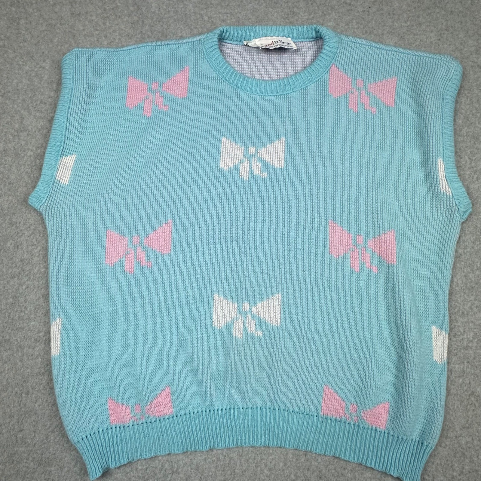 Vintage Land’n Sea Aqua Blue Pink Bow Knit Sweater Vest Made in USA Womens XL