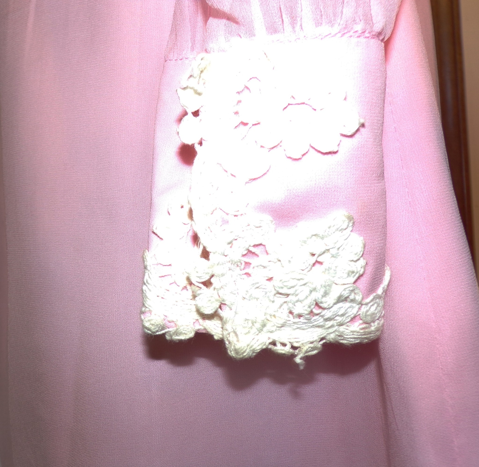 Vintage 60s Pink Chiffon White Lace Long Dress B34 Empire Waist