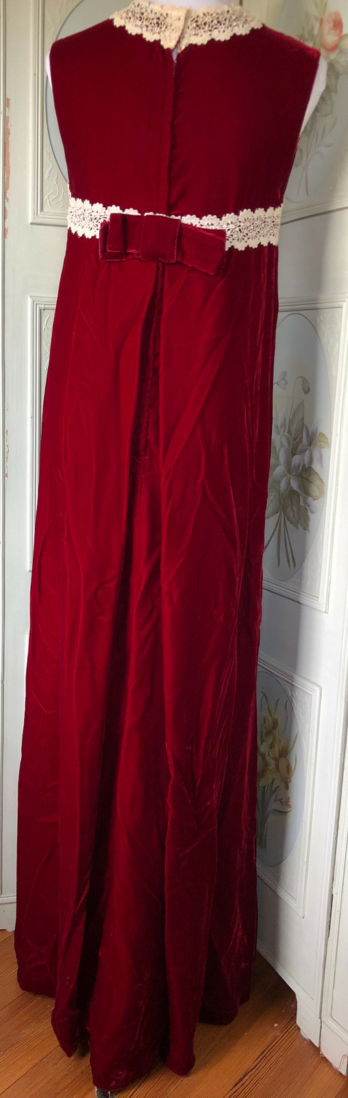 VTG 60s RUBY BLOOD RED VELVET IVORY LACE MAXI DRESS SLEEVELESS BOHO HIPPIE EUC