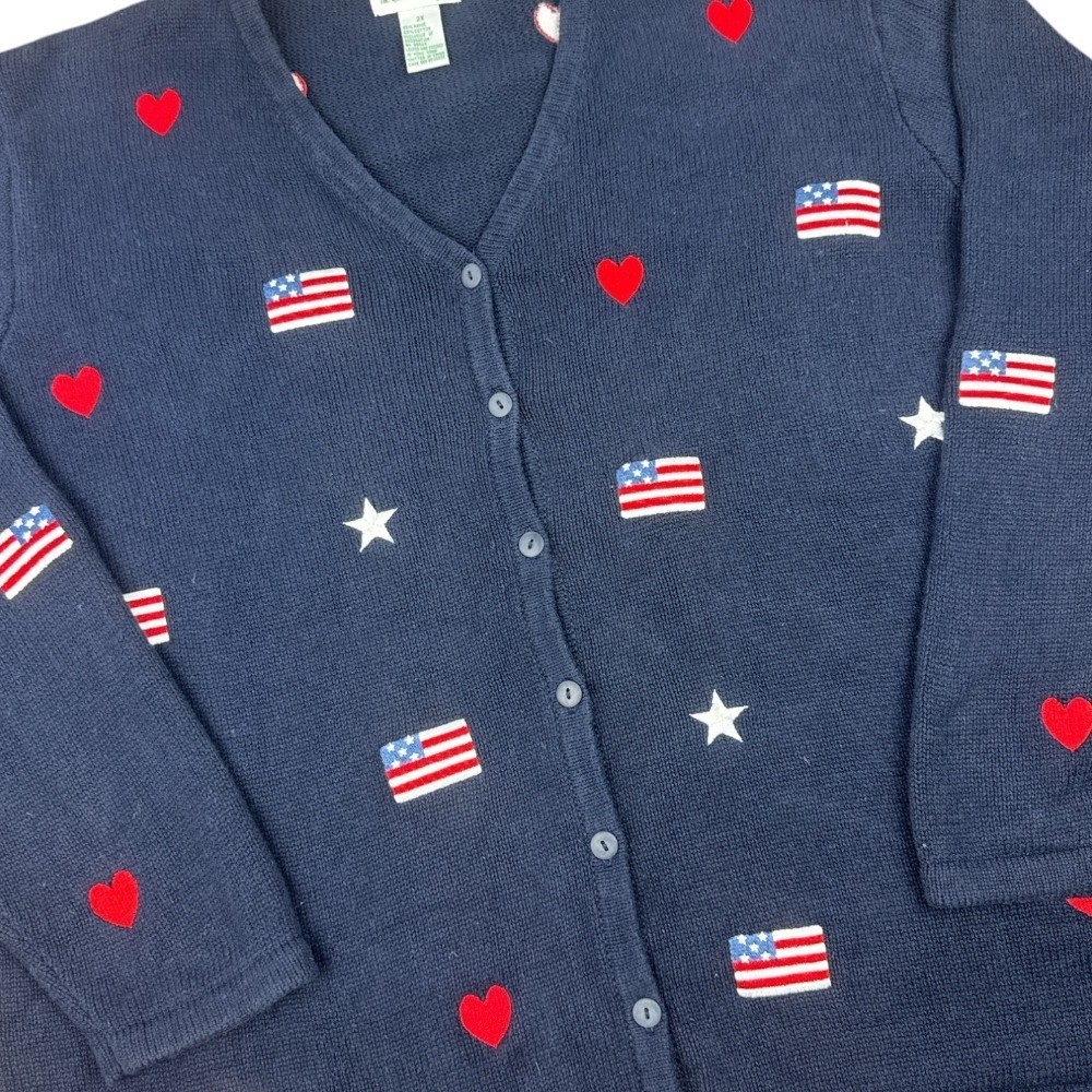 Quacker Factory Vintage Navy Americana Flag Heart Star Cardigan Sweater 2X Cozy